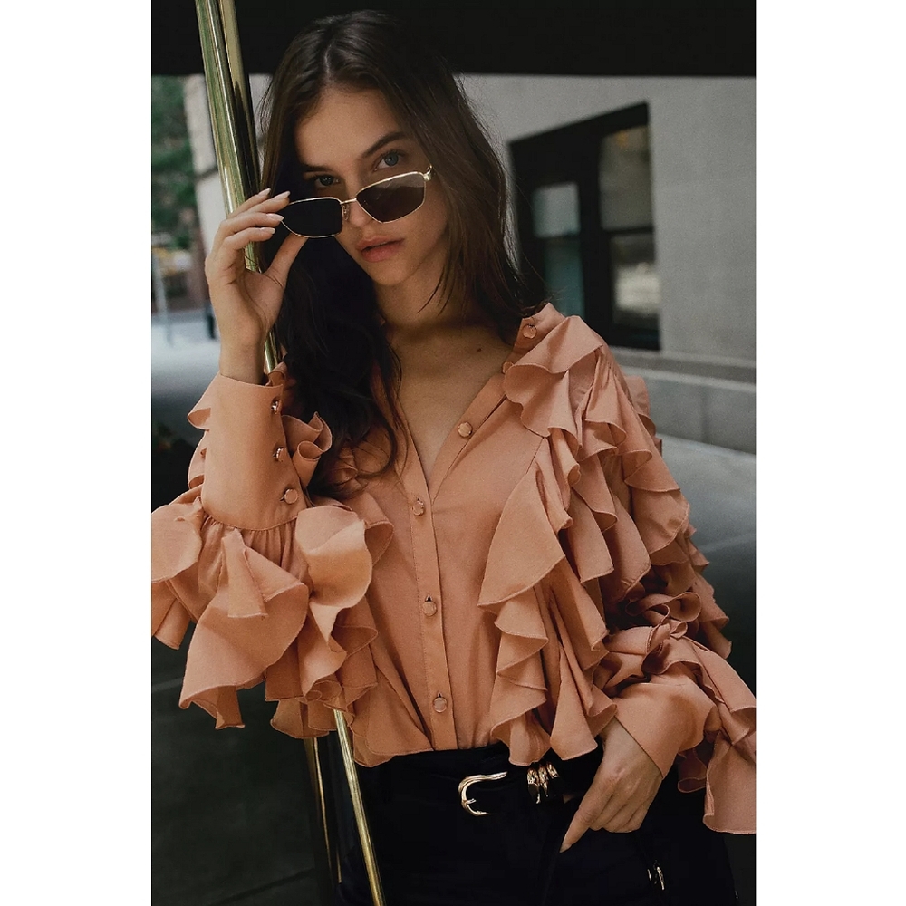 🆕️ Anthropologie Sheer Ruffle Buttondown Blouse Size XS Peach Bohemian Spring